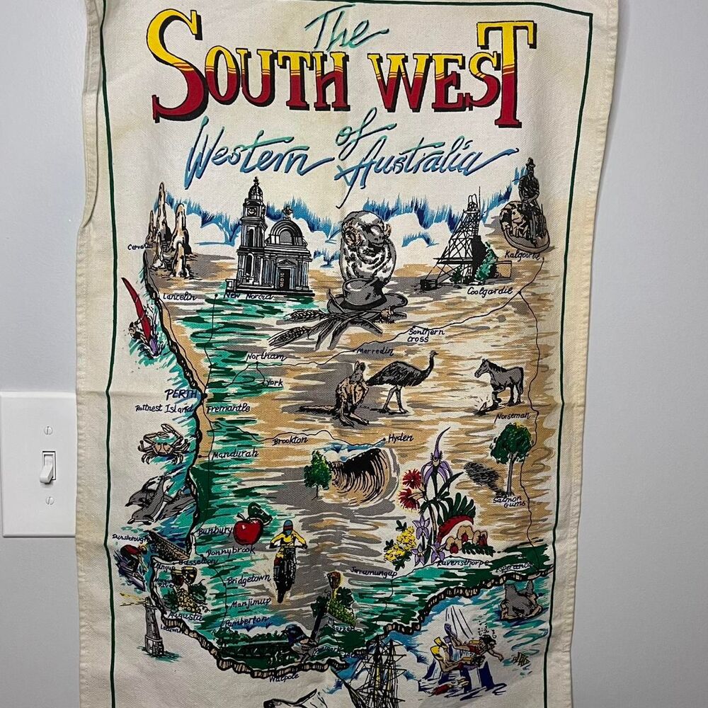 Vintage Australian Tea Towel Southwest Western Australia Kitchen Decor 17.5”x27”